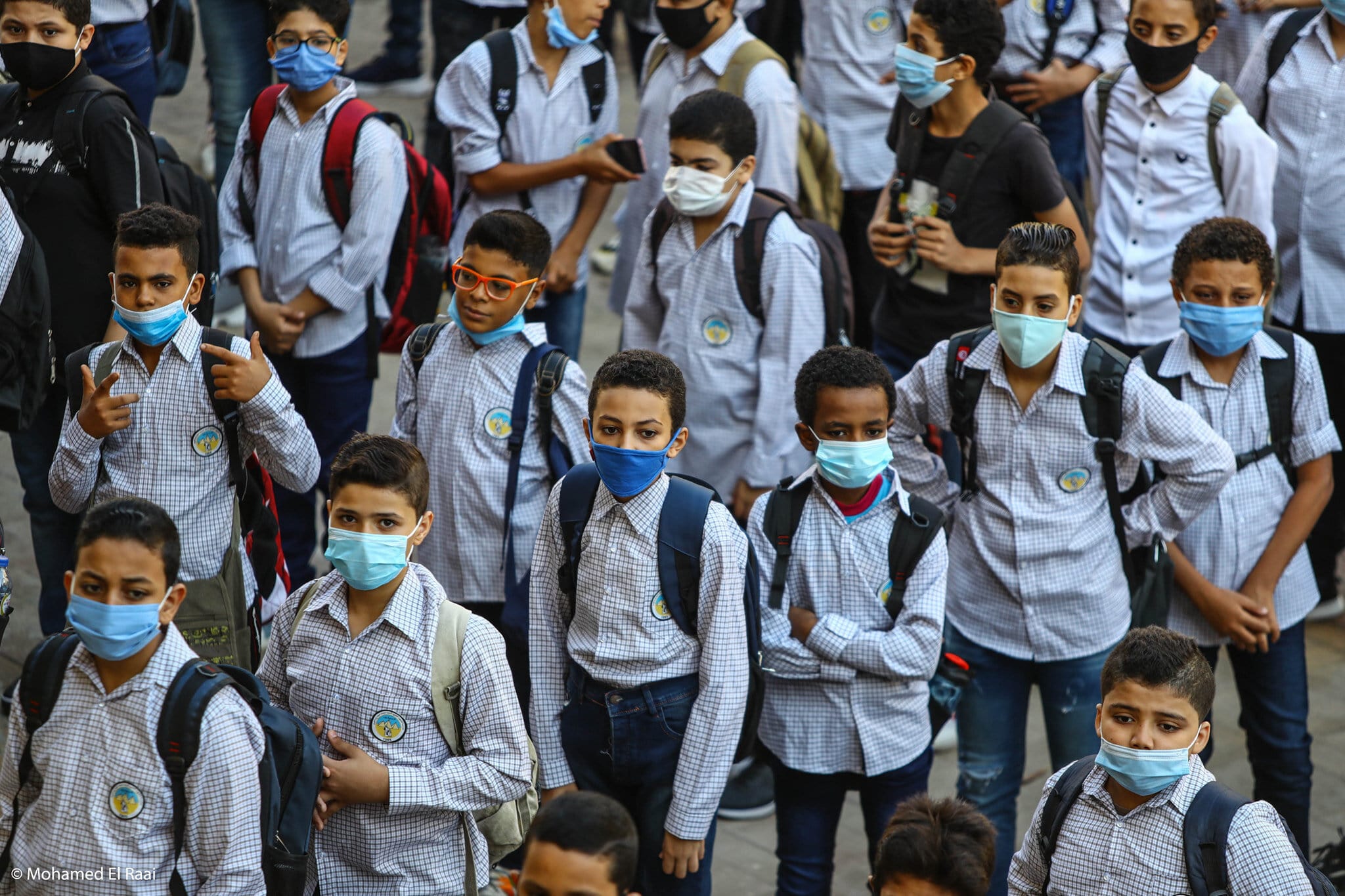 Egyptian students wearing masks