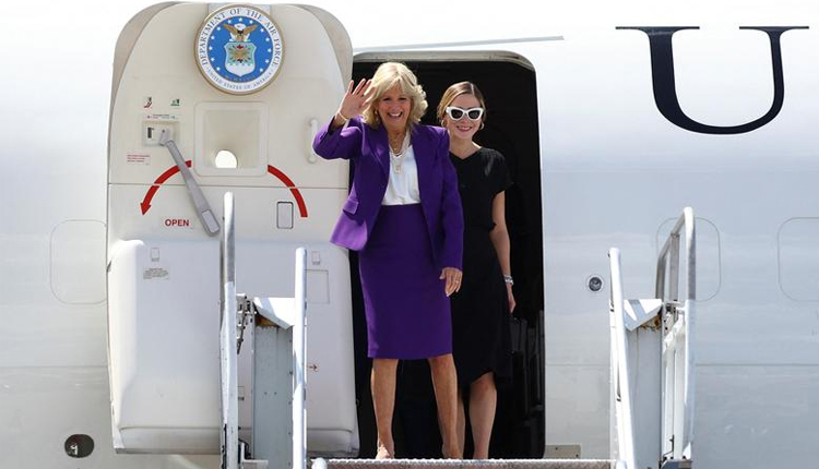 Jill Biden waves upon arriving in Namibia