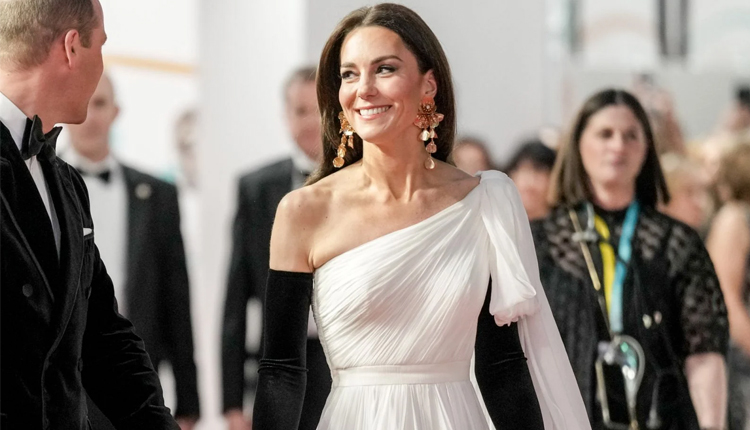 Kate Middleton in an Alexander McQueen white gown at the 2023 BAFTAs