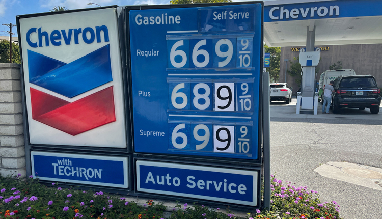 Gas prices are advertised at a Chevron station in California, U.S., 2022