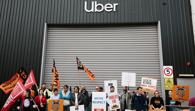 Uber drivers striking at the company’s headquarters in Melbourne, Australia in 2019