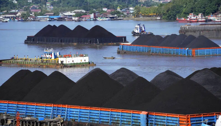 Barges fully loaded with coal are anchored on Mahakam river in Samarinda, East Kalimantan, Indonesia